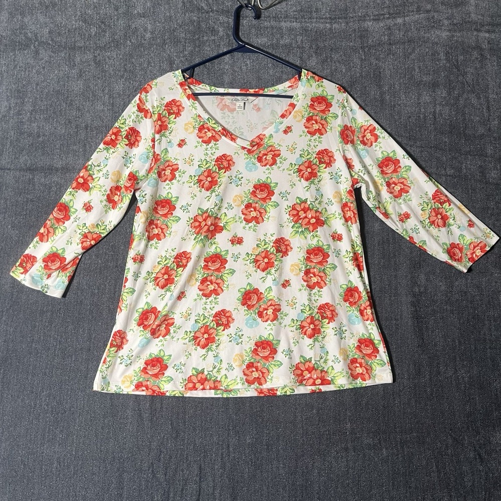 The Pioneer Woman White Red Rose Floral V-Neck Knit Top Shirt Blouse Small S 3/4